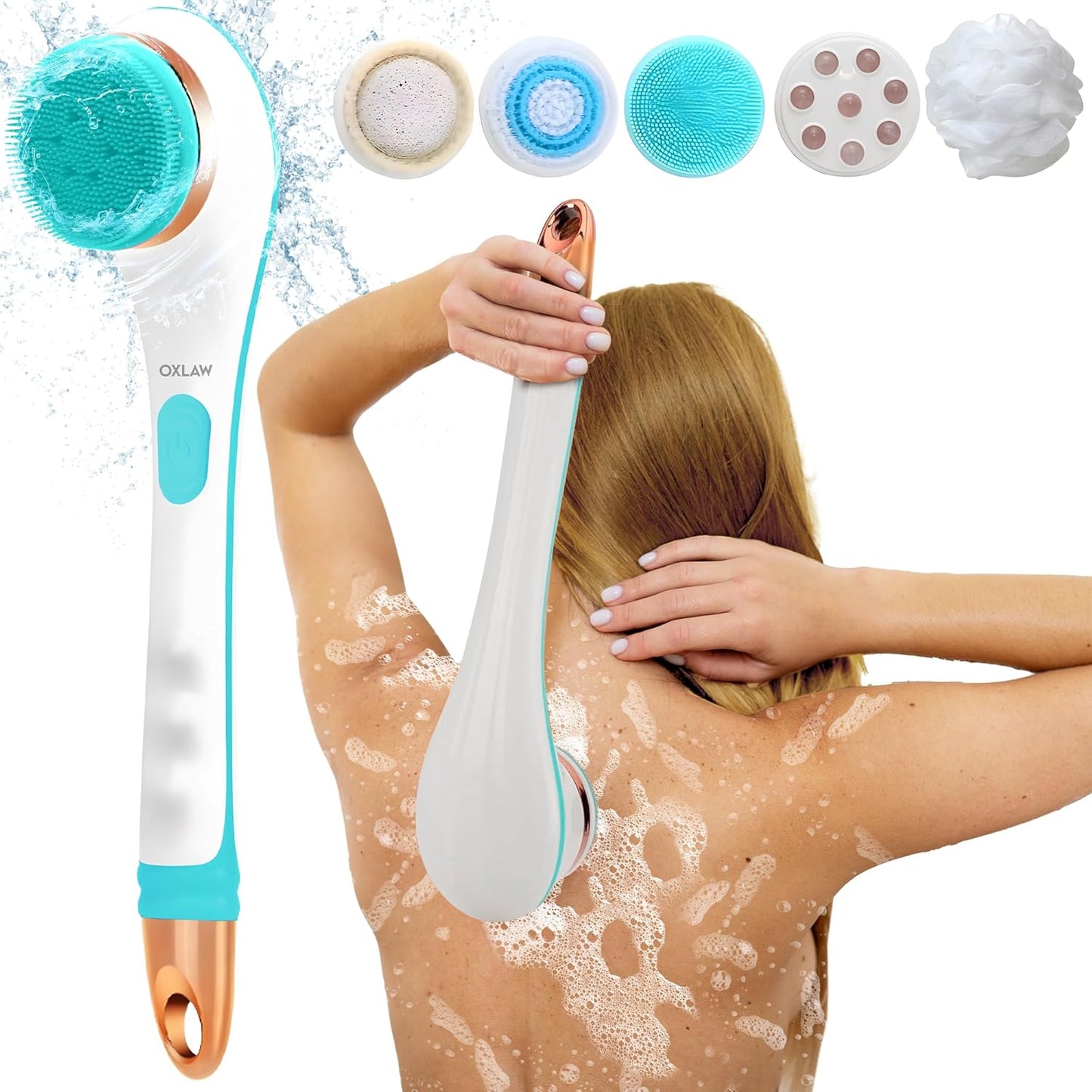 5-in-1 Electric Shower Brush – Spin Spa Bath Body Scrubber with Long Handle & Multiple Brush Heads