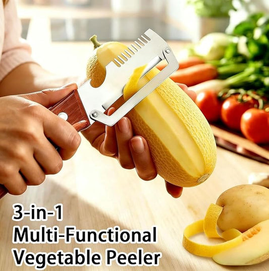 3-in-1 Multi Functional Vegetable Peeler with Wooden Handle & Bottle Opener