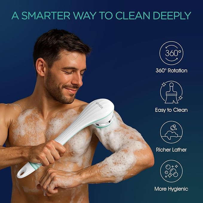 5-in-1 Electric Shower Brush – Spin Spa Bath Body Scrubber with Long Handle & Multiple Brush Heads