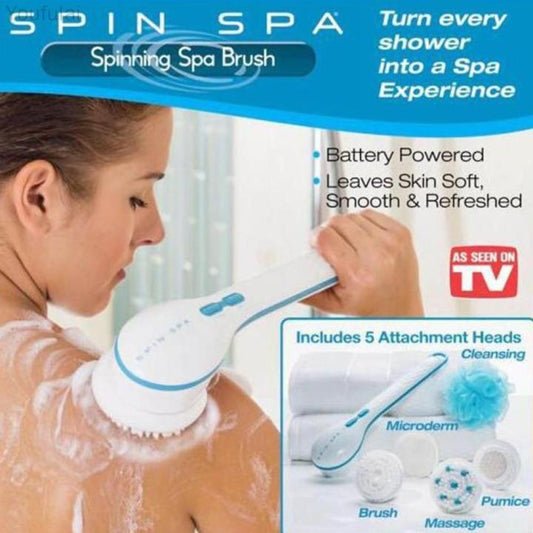 5-in-1 Electric Shower Brush – Spin Spa Bath Body Scrubber with Long Handle & Multiple Brush Heads