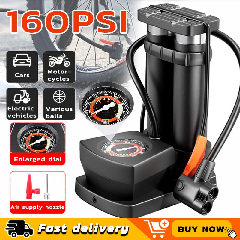 Double Cylinder Foot Pump with Pressure Gauge – Heavy-Duty Tyre Inflator