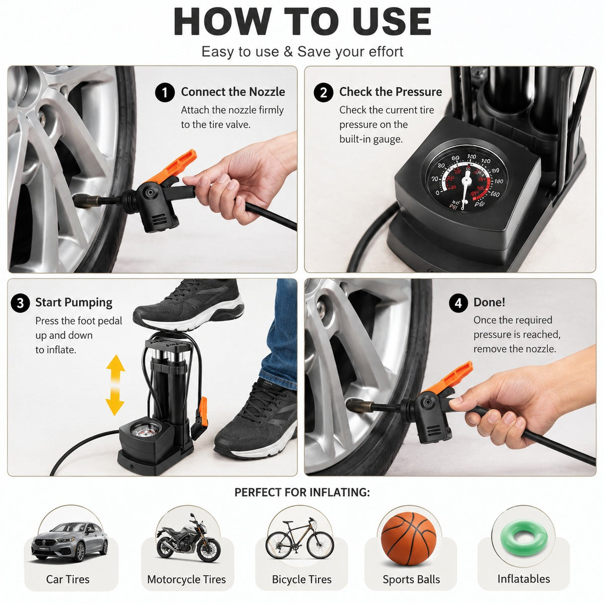 Double Cylinder Foot Pump with Pressure Gauge – Heavy-Duty Tyre Inflator