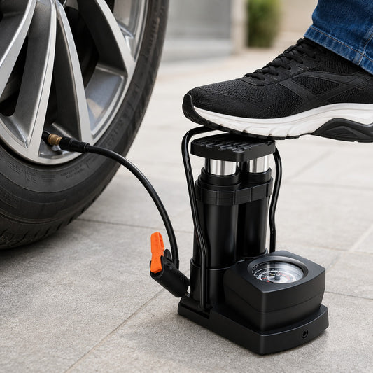 Double Cylinder Foot Pump with Pressure Gauge – Heavy-Duty Tyre Inflator