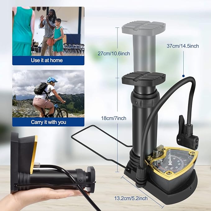 High Pressure Heavy Duty Foot Air Pump with Pressure Gauge – Manual Bicycle Tire Pump for Bike, Scooter, Sports Balls & Inflatable Toys