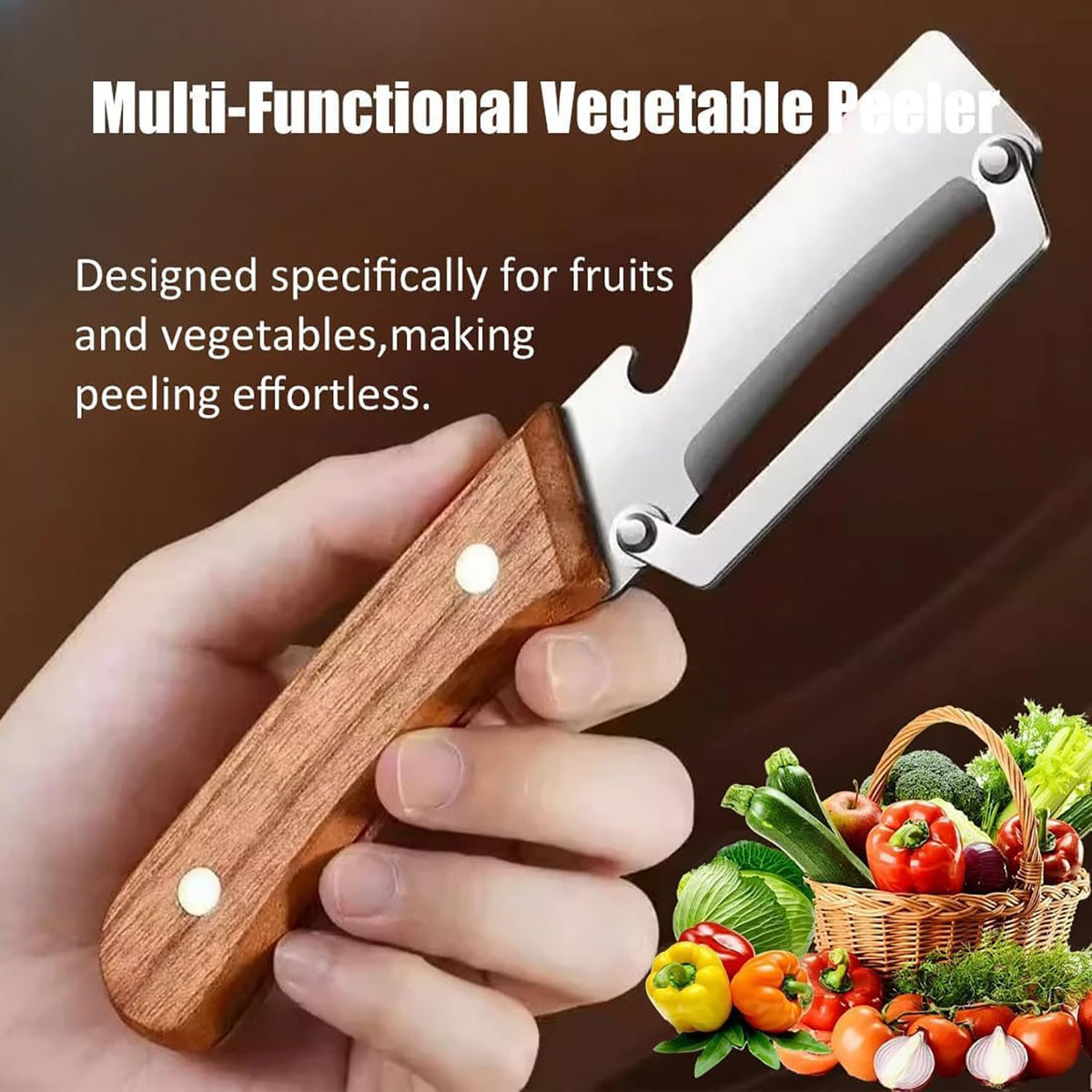 3-in-1 Multi Functional Vegetable Peeler with Wooden Handle &amp; Bottle Opener