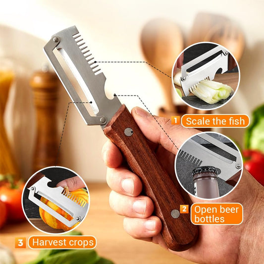 3-in-1 Multi Functional Vegetable Peeler with Wooden Handle &amp; Bottle Opener