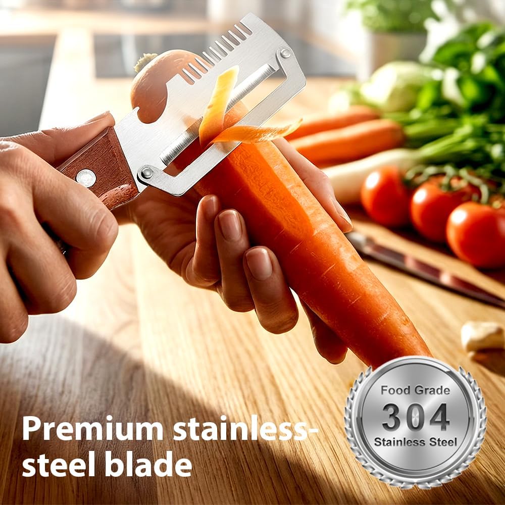 3-in-1 Multi Functional Vegetable Peeler with Wooden Handle &amp; Bottle Opener