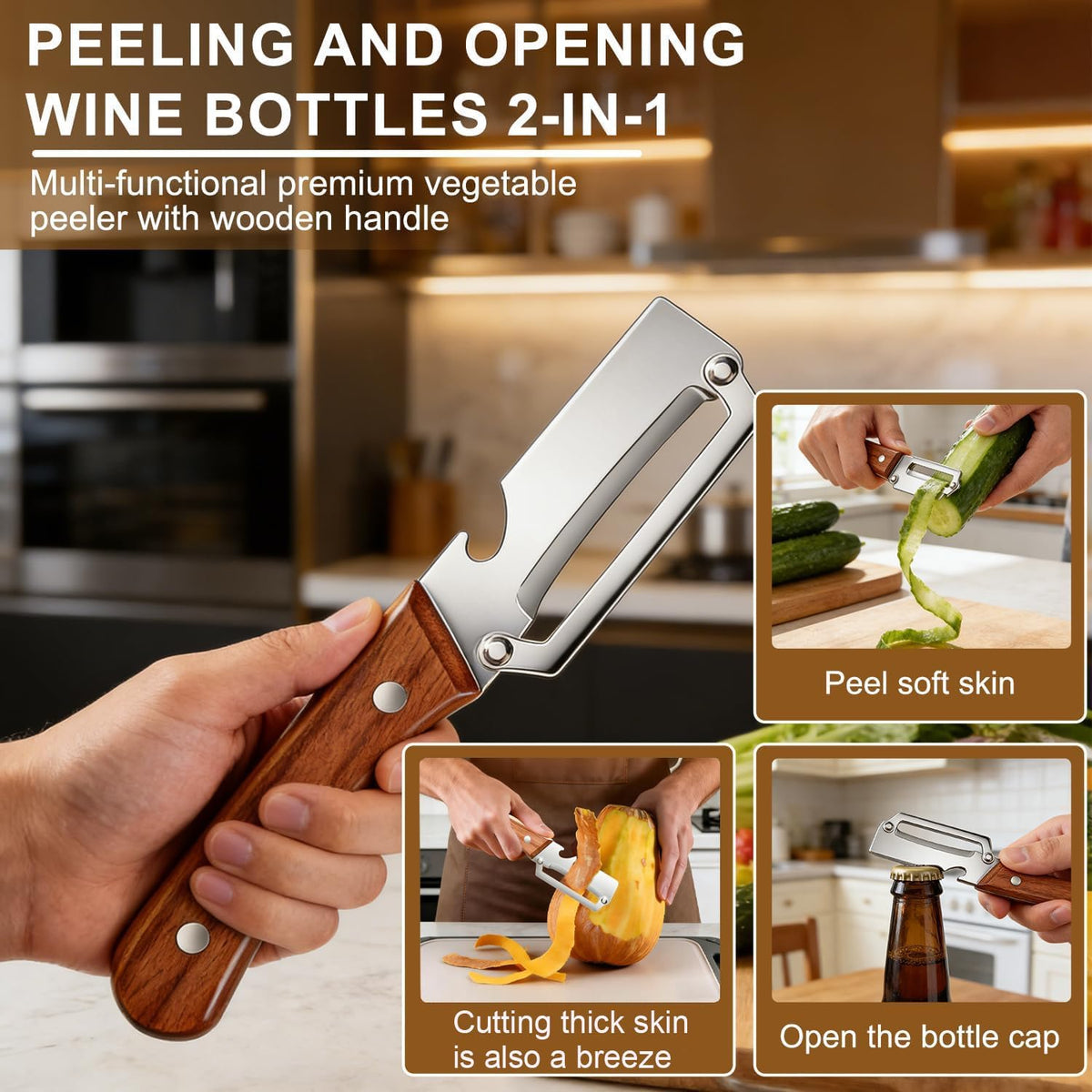 3-in-1 Multi Functional Vegetable Peeler with Wooden Handle &amp; Bottle Opener