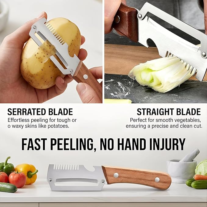 3-in-1 Multi Functional Vegetable Peeler with Wooden Handle &amp; Bottle Opener